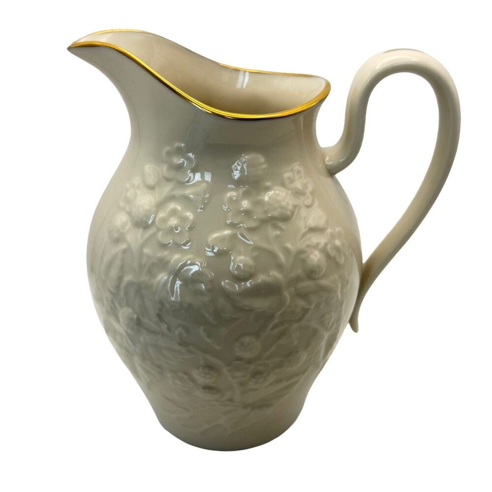 LENOX 24oz Pitcher 6.5” Ivory with Gold Trim Embossed Berries & Flowers